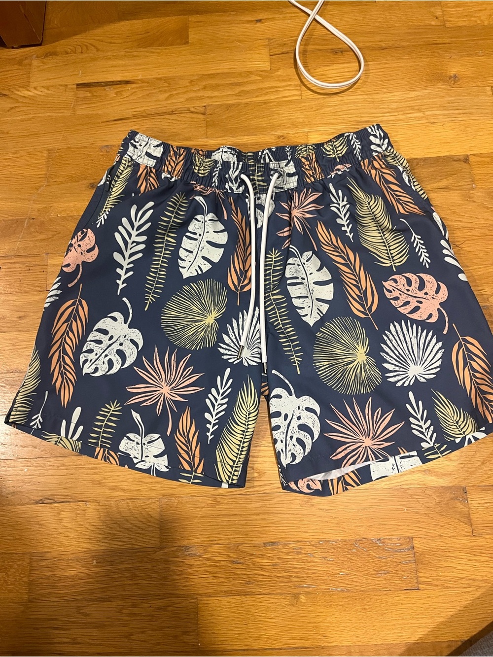 Goodfellow & Co Navy Swim Trunks with Coral and Yellow Leaf Print